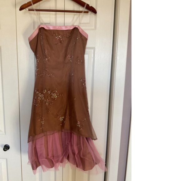 High-Low Brown and Pink Grad Prom Formal Dress Strapless - Picture 3 of 6